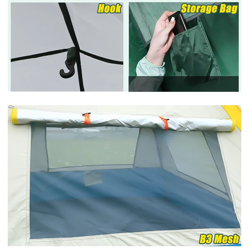 Easy pop up camping tent hook and storage functions